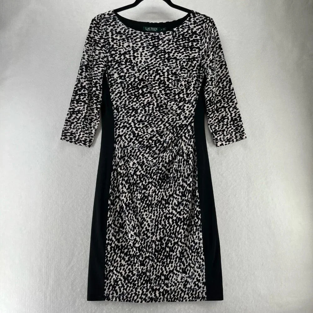 Lauren Ralph Lauren Dress Size 8 Sheath Animal Print Draped 3/4 Sleeve Black
